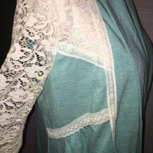 Cream Lace & Mint Green Jacket Medium Open Front Cardigan Jacket Spring - Picture 5 of 9